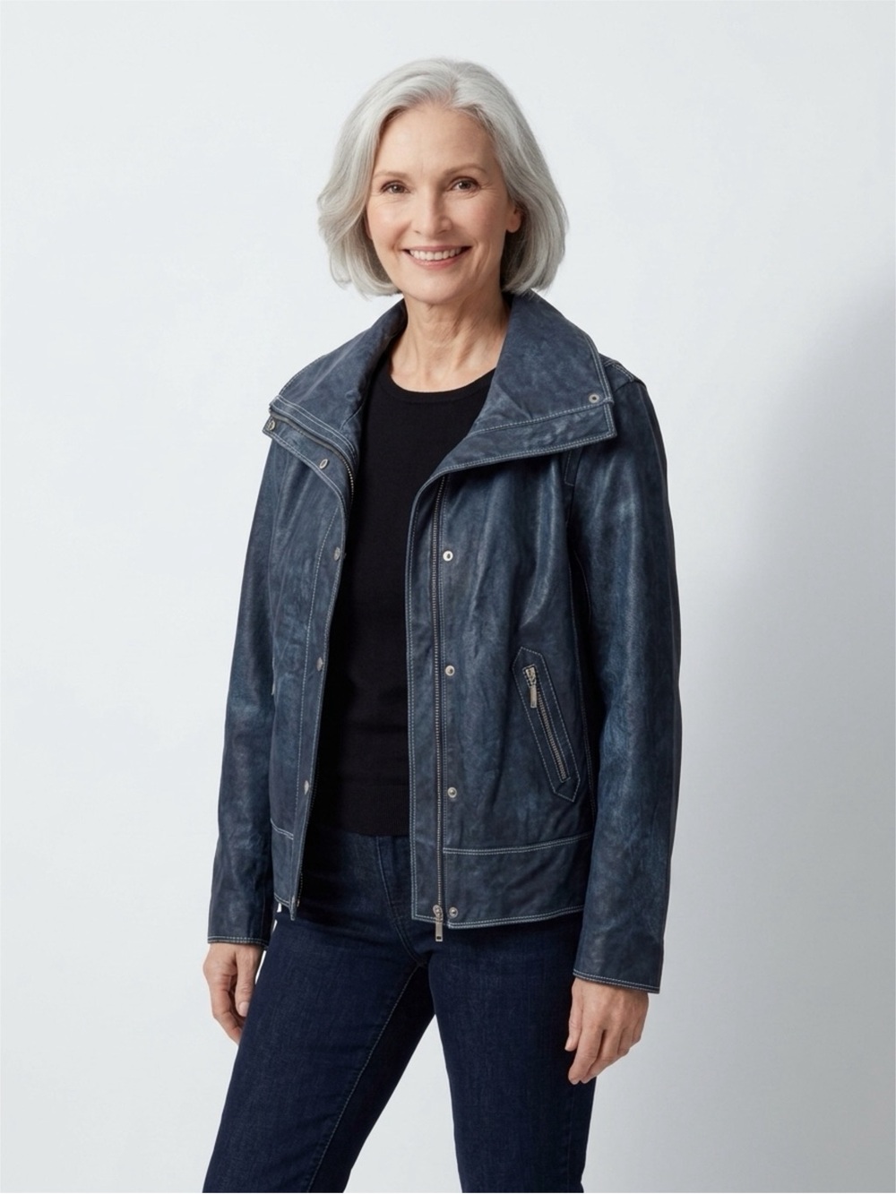 Women's Blue Leather-Jacket with Zip Pockets and zip out lining SIZE XL